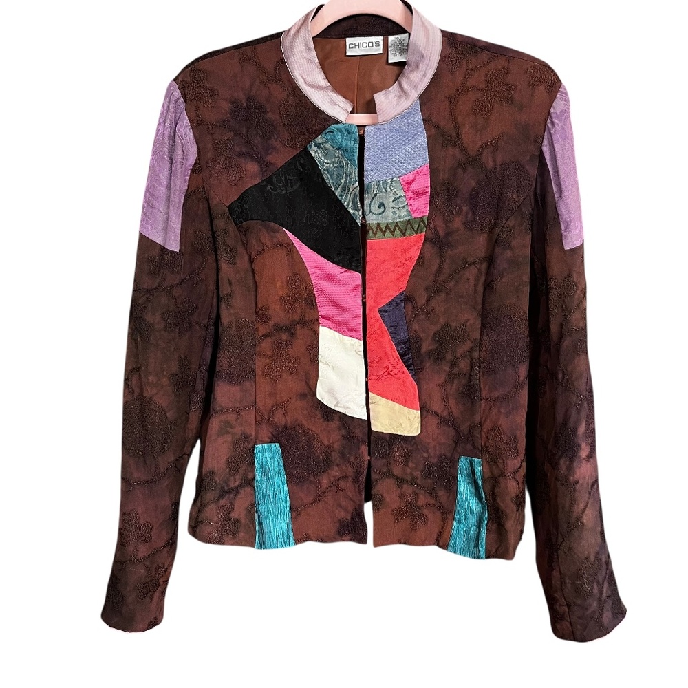 VTG Chico's Brown Embroidered Mixed Media Silk Blend Boho Blazer Jacket SZ 2=L
